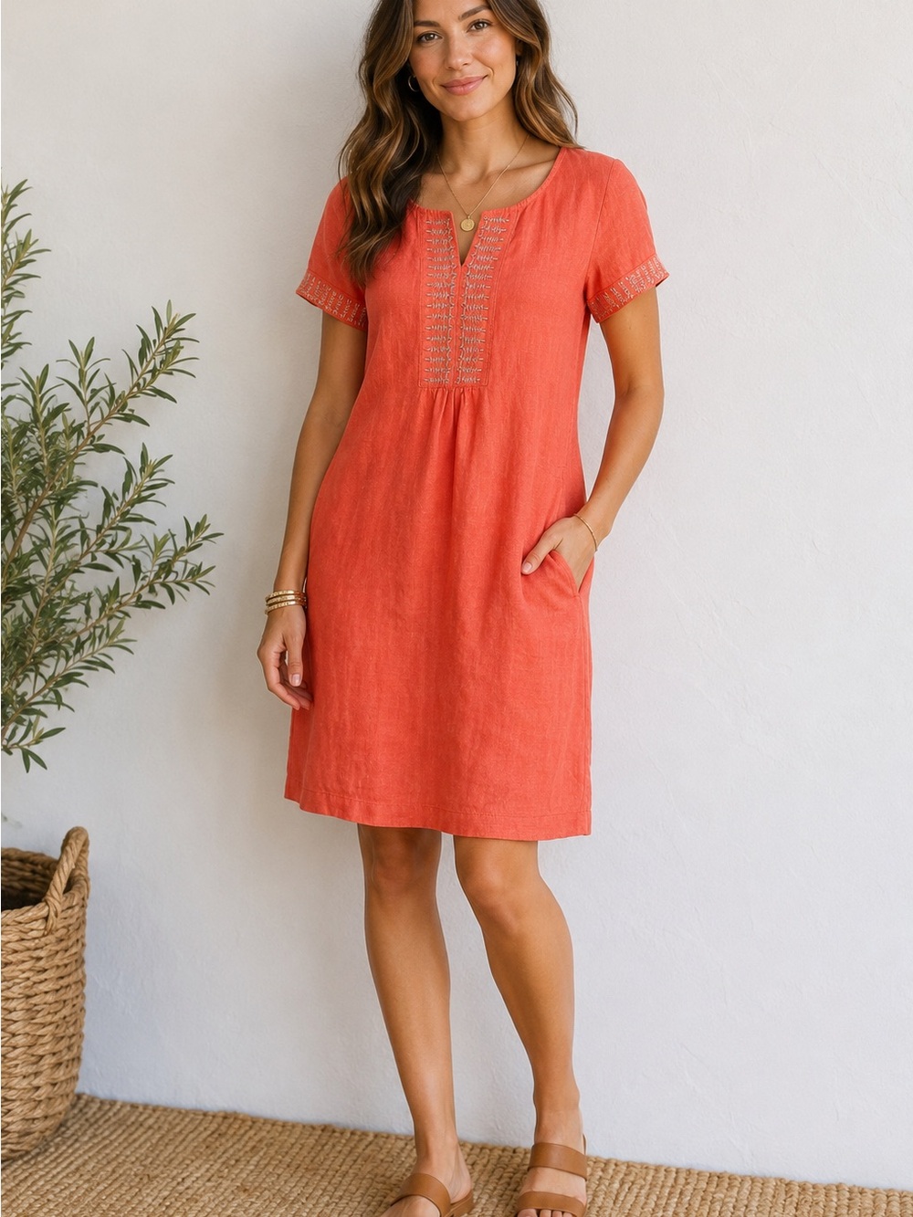 J J. Jill 100% Linen Coral Shift Dress Embellished Beaded Detail Size S Summer